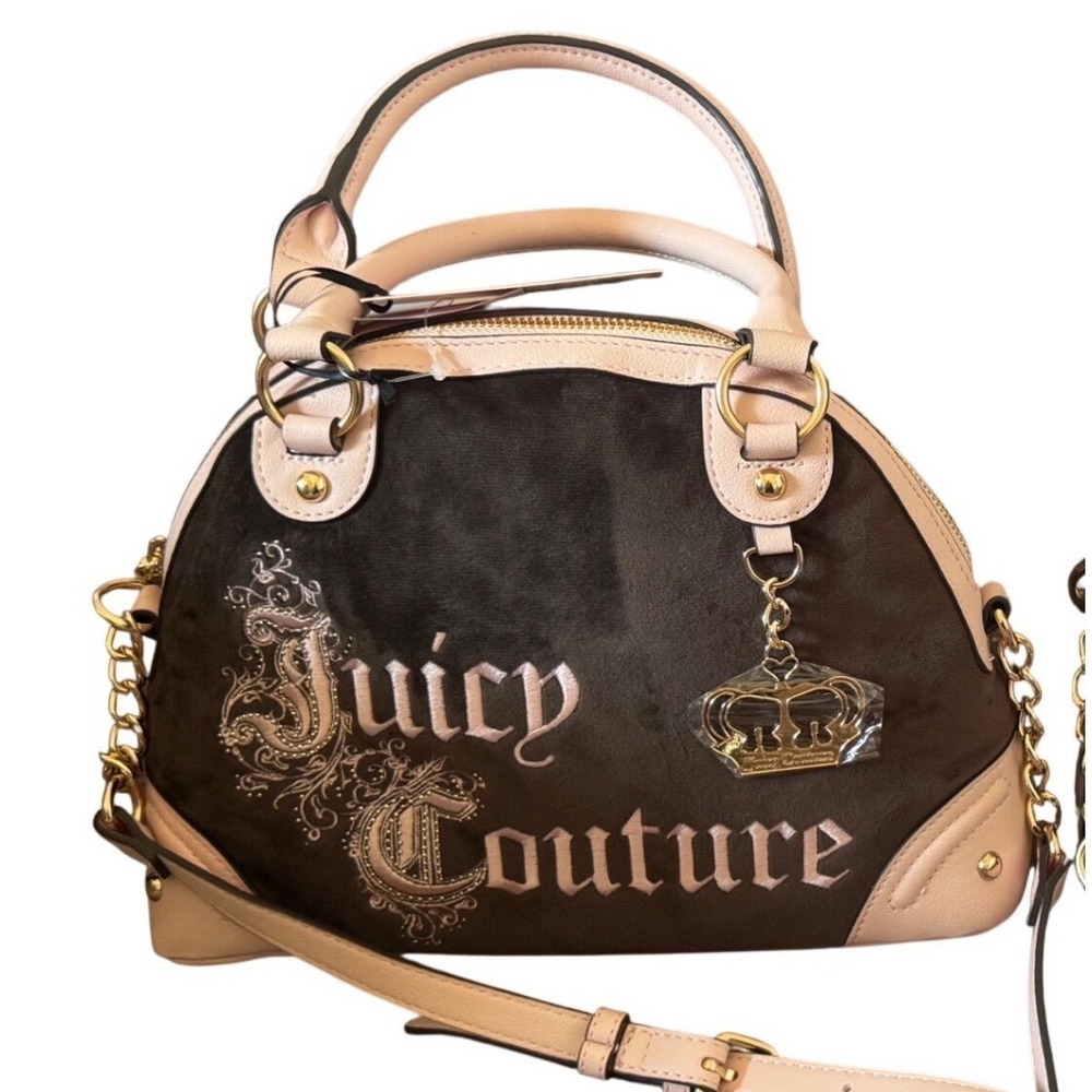 Juicy Couture Pink Chocolate Satchel Crossbody Velour With Charm Bag Big Crown